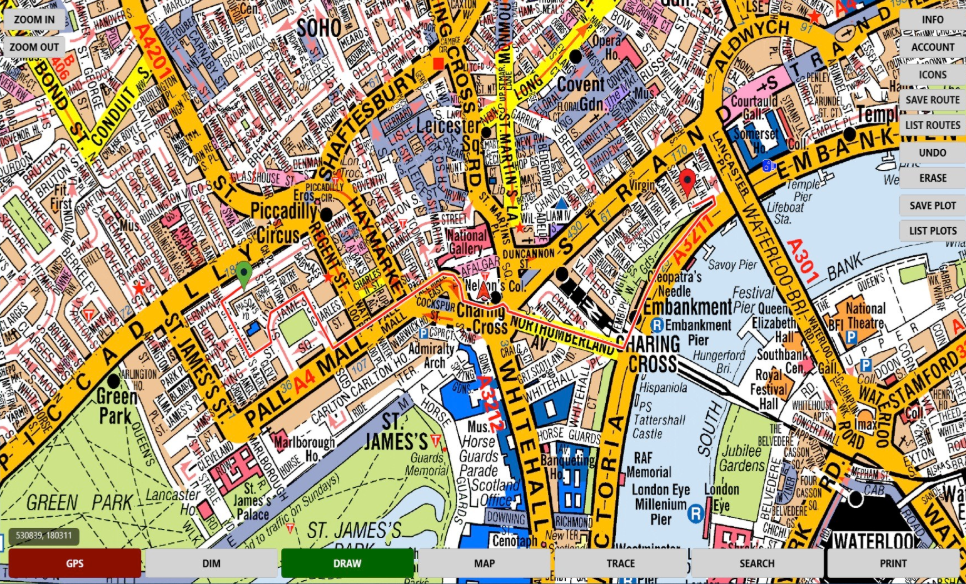 Digital map interface showing central London with route plotting tools